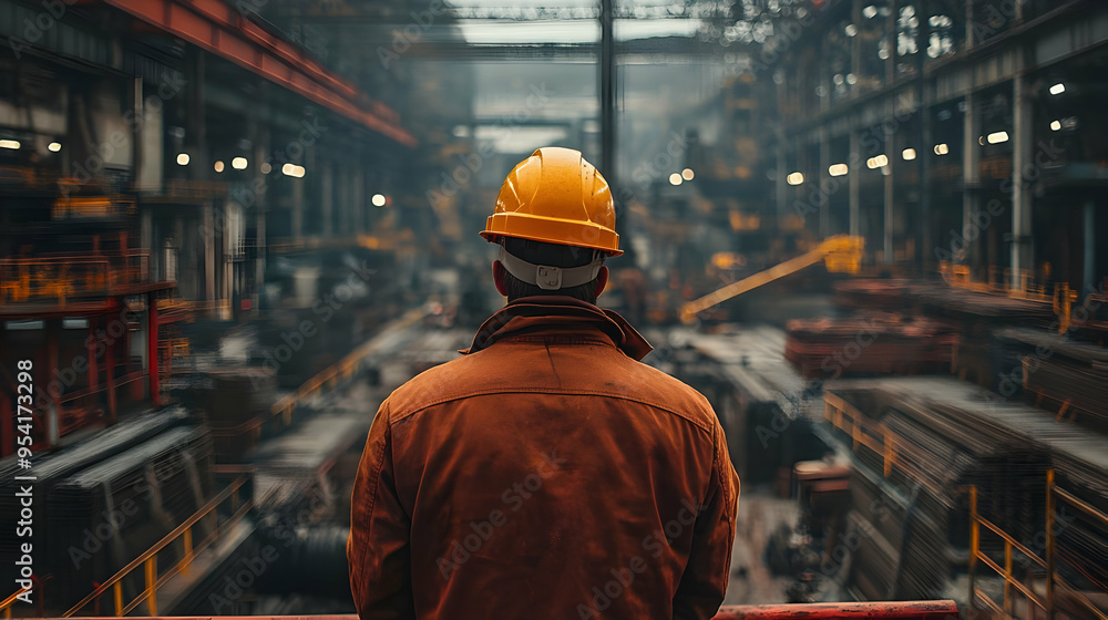 Back view of a worker in a yellow hard hat standing in an industrial plant. Back view of a worker in a yellow hard hat standing in an industrial plant.