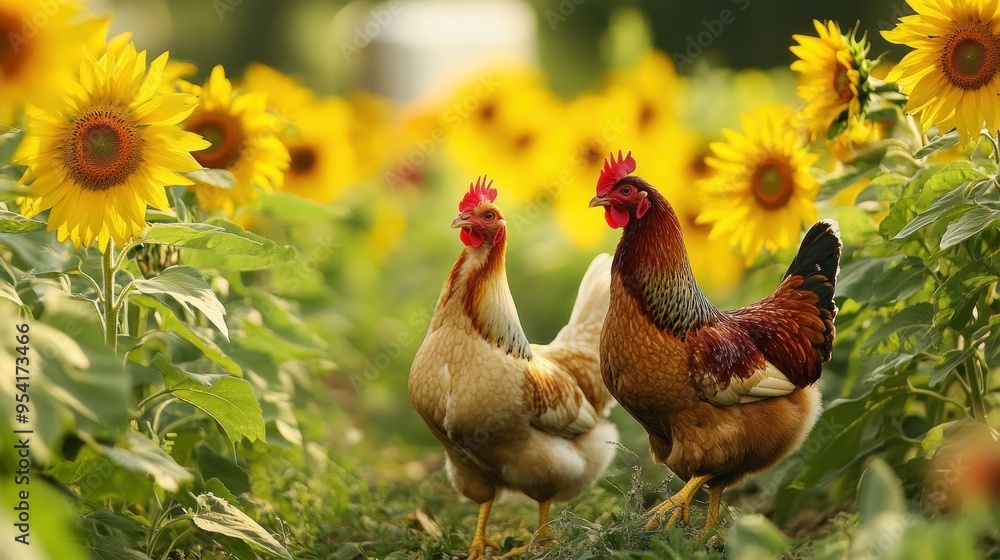 Fototapeta premium Two Chickens in a Sunflower Field
