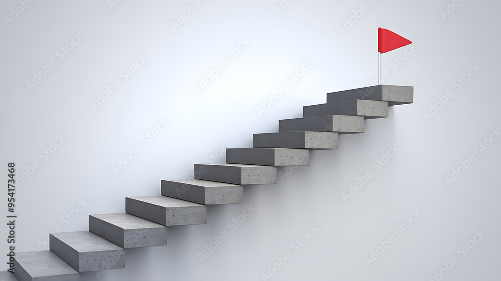 Concrete staircase leading to a red flag, symbolizing success, achievement, and reaching goals.
Concrete staircase leading to a red flag, symbolizing success, achievement, and reaching goals.