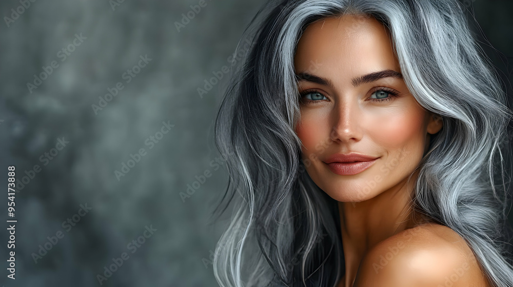 Beautiful woman with long gray hair looking at the camera and smiling. Beautiful woman with long gray hair looking at the camera and smiling.
