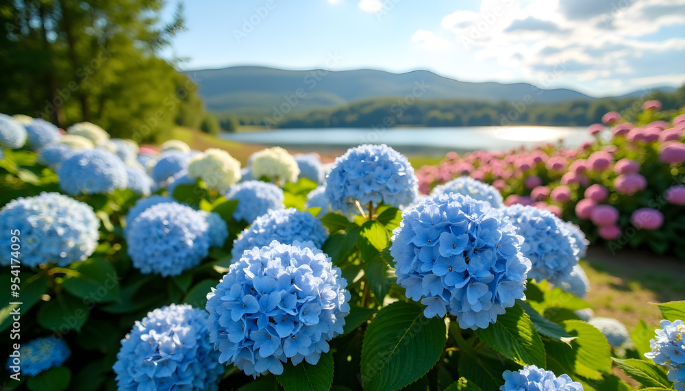 Blue Hydrangeas by the Lake with Mountain View Blue Hydrangeas by the Lake with Mountain View