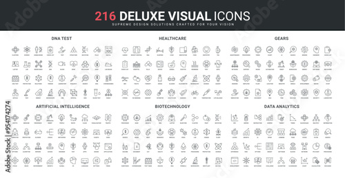 DNA test, science and artificial intelligence, data analytics tools, healthcare line icon set. Bio cells research, gear and molecular lab experiment thin black outline symbols vector illustration
