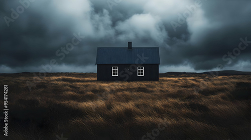 Black cabin with dark cloud...