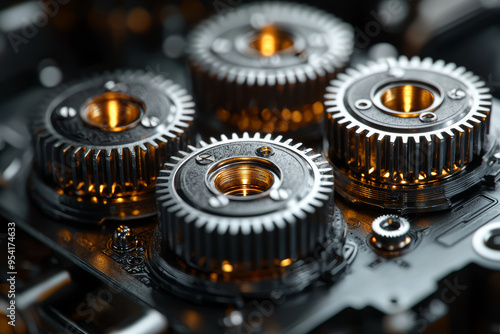 A set of four interconnected gears in motion, depicting the mechanical cycle of interdependent systems working in harmony. Concept of engineering and efficiency.