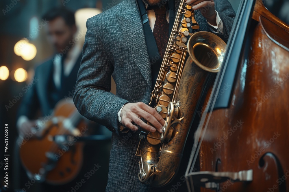 Obraz premium A man playing a saxophone in front of a cello