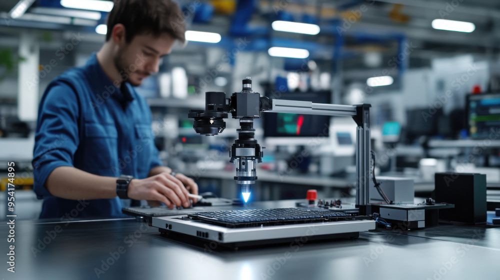 A focused technician uses specialized equipment in a modern factory, emphasizing precision engineering and industrial manufacturing processes. A focused technician uses specialized equipment in a modern factory, emphasizing precision engineering and industrial manufacturing processes.