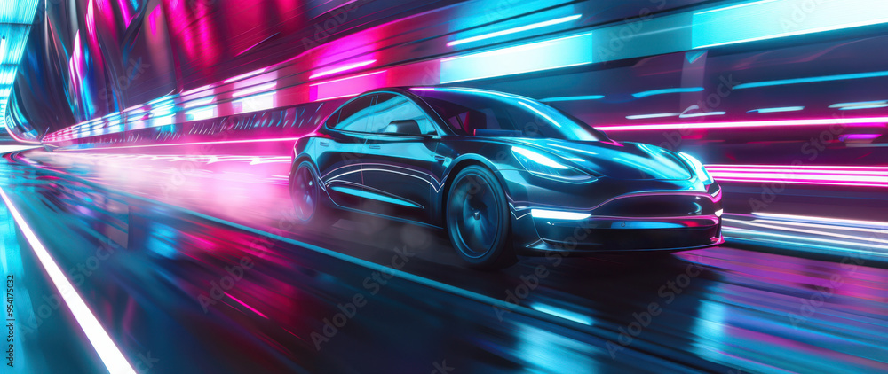 Fototapeta premium A sleek, modern electric car driving through a futuristic city, neon lights