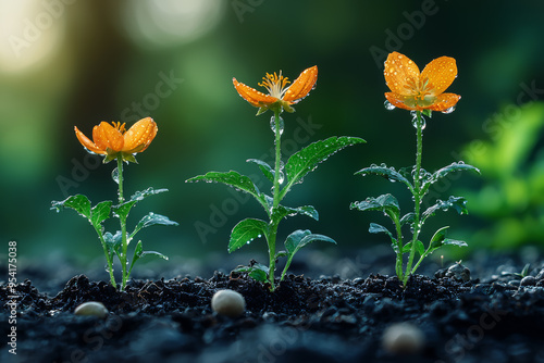 A sequence of a plant growing from seed to mature flower, withering, and regrowing, highlighting the botanical cycle. Concept of growth and renewal. photo