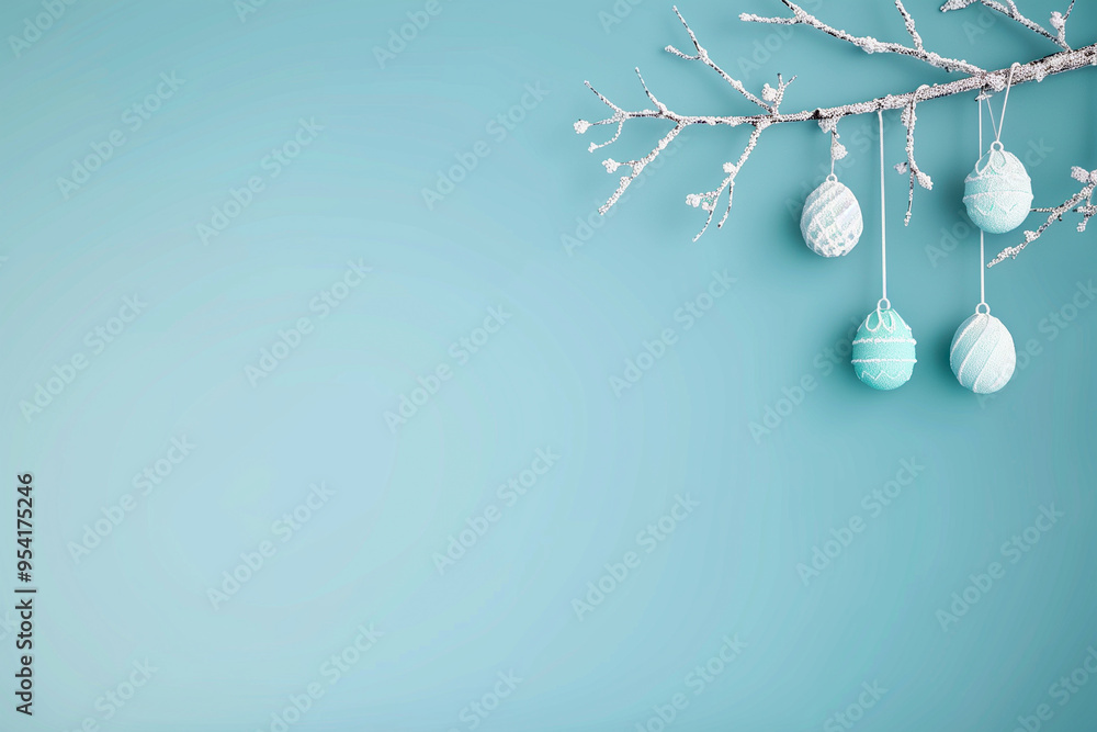 A blue background with a branch holding three white and blue eggs A blue background with a branch holding three white and blue eggs
