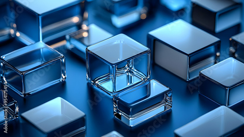 Blue Glass Cubes On Blue Su...