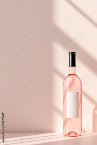 A bottle of pink wine is sitting on a table in front of a white wall