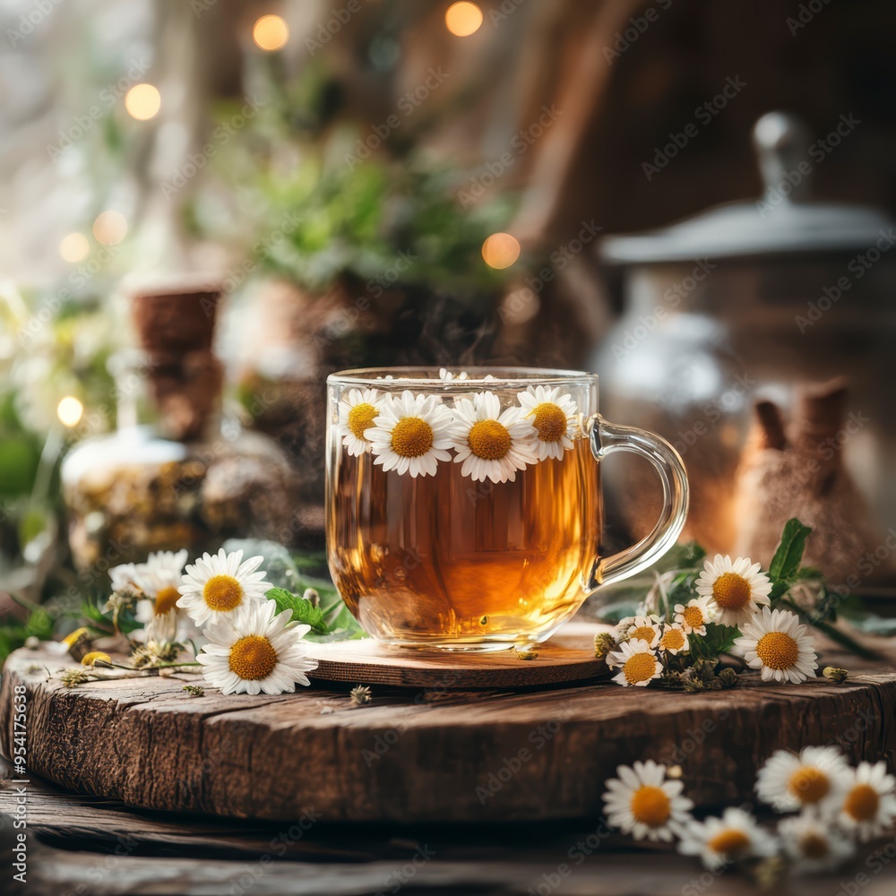 A cup of chamomile tea on a wooden table on a background of greenery, creating an atmosphere of peace A cup of chamomile tea on a wooden table on a background of greenery, creating an atmosphere of peace