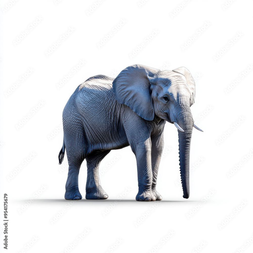 Fototapeta premium A 3D rendered image of an elephant standing isolated on a white background, showcasing detailed textures and realism.