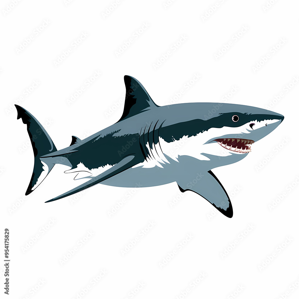 Fototapeta premium A sleek great white shark patrolling the deep sea, Realistic illustration, contour, isolated in white background