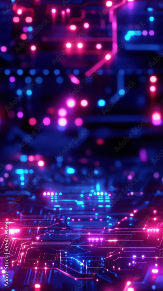 Glowing neon lights on a futuristic circuit board, representing advanced technology and innovation in a digital world. Glowing neon lights on a futuristic circuit board, representing advanced technology and innovation in a digital world.