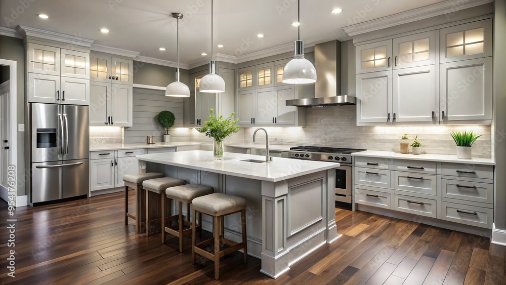 Fototapeta premium Modern kitchen renovation featuring sleek white cabinets, stainless steel appliances, quartz countertops, and large