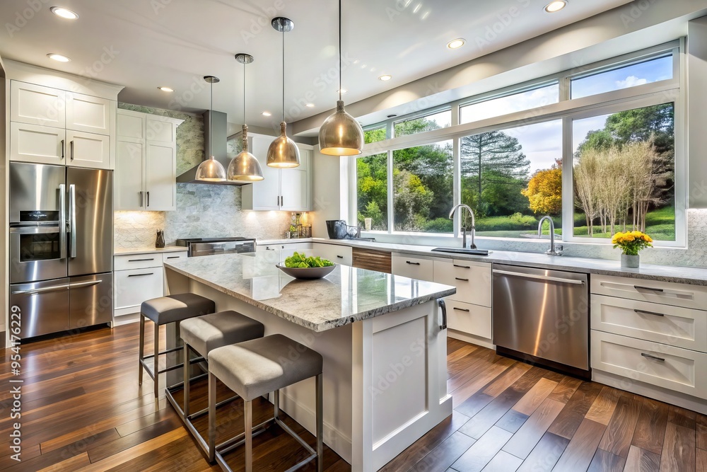 Modern kitchen with sleek white cabinetry, stainless steel appliances, and granite countertops, bathed in warm natural Modern kitchen with sleek white cabinetry, stainless steel appliances, and granite countertops, bathed in warm natural