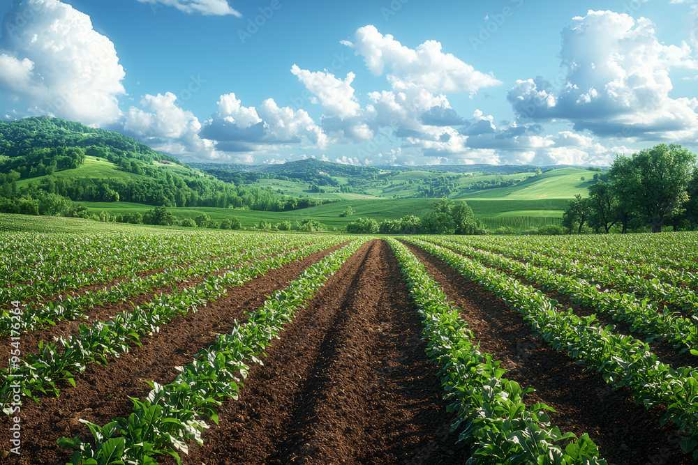 A farm field rotating crops each season to maintain soil health, representing agricultural cycles and sustainability. Concept of farming and resource management. A farm field rotating crops each season to maintain soil health, representing agricultural cycles and sustainability. Concept of farming and resource management.
