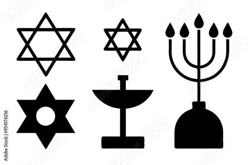 Elegant Hanukkah Logo Icon Set Minimalist Silhouettes of Menorah, Dreidel, and Star of David for Holiday Decor photo