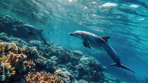 Two dolphins swimming together in a beautiful coral reef with sunlight shining through the water.