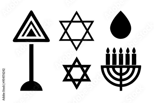 Elegant Hanukkah Logo Icon Set Minimalist Silhouettes of Menorah, Dreidel, and Star of David for Holiday Decor photo