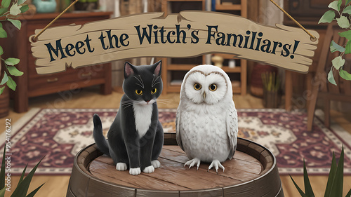 Charming black cat and white owl familiars perched on a wooden barrel, perfect for whimsical fantasy or magical themes. 
 photo