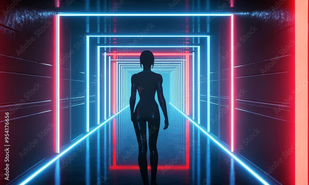 Woman Walking Through Neon Tunnel Woman Walking Through Neon Tunnel