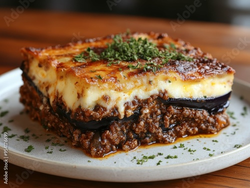 Delicious Greek Moussaka: Layers of Eggplant, Spiced Lamb, and Creamy BÃ©chamel Sauce photo