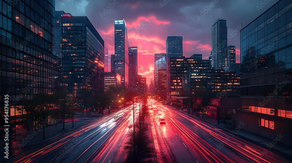Cityscape with red light trails and skyscrapers at sunset. Cityscape with red light trails and skyscrapers at sunset.