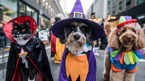 Cute pets in Halloween costumes, black and white cat in a vampire costume, brown dog in a witch costume, and a brown dog in a clown costume, for a fun and festive Halloween celebration. 