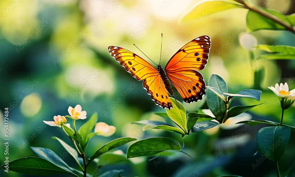 Orange Butterfly on Green Leaves with a Sunny Background Orange Butterfly on Green Leaves with a Sunny Background
