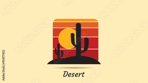 Desert abstract logo, striped desert abstract logo with retro theme, 80s style sunset, tourism, summer and adventure concept.
