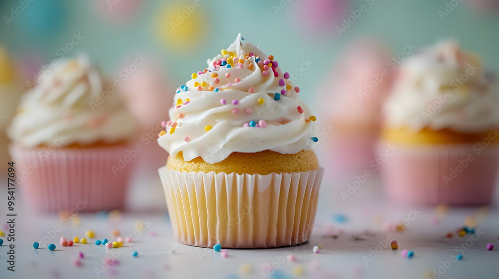 Close up of a single vanilla cupcake with colorful sprinkles on top, with two cupcakes blurred in the background. Close up of a single vanilla cupcake with colorful sprinkles on top, with two cupcakes blurred in the background.