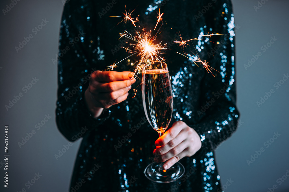 Celebrating Christmas or New Year eve party with Bengal lights and rose champagne.