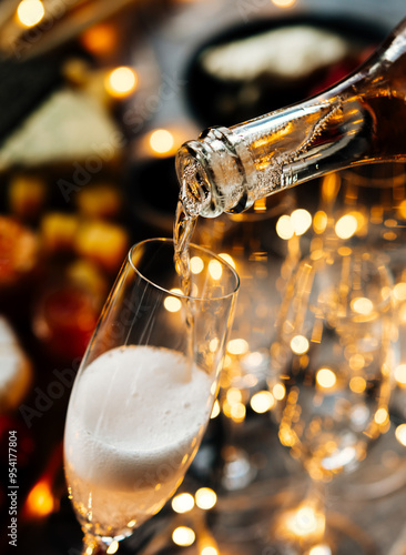 Pouring sparkling wine or champagne served on the table for Christmas or New Year eve celebration.