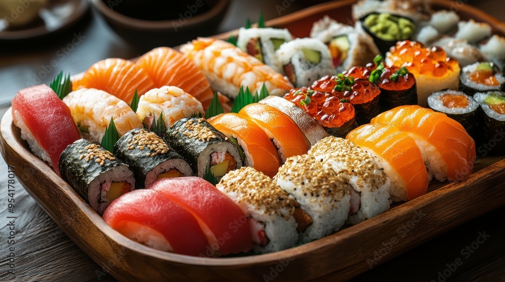 Exquisite Japanese Sushi Platter Featuring Fresh Nigiri and Colorful Maki Rolls Exquisite Japanese Sushi Platter Featuring Fresh Nigiri and Colorful Maki Rolls