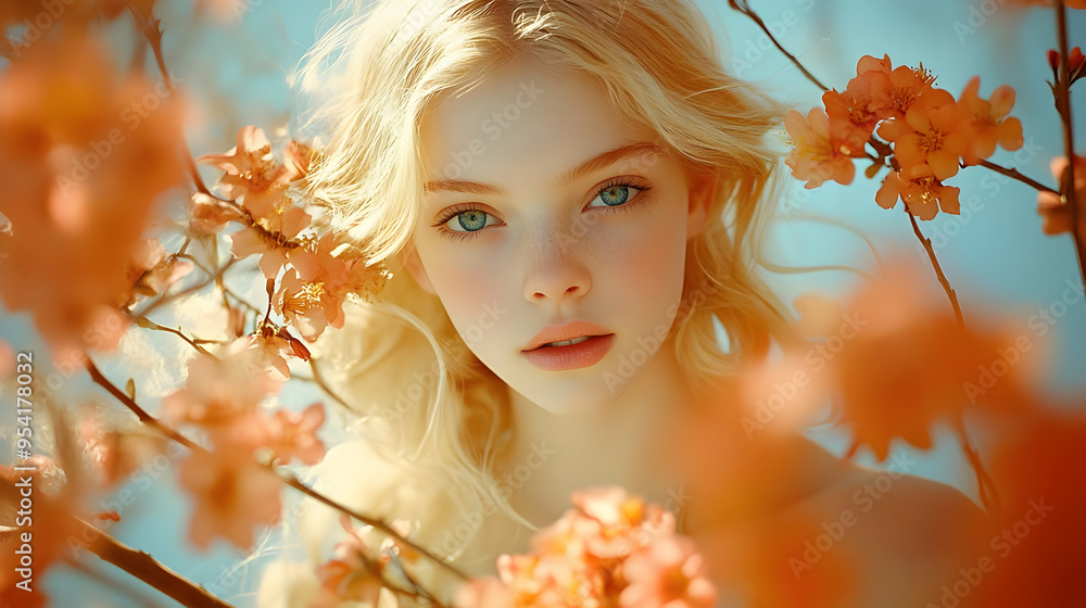 Close up of a young woman with blonde hair and freckles looking at the camera, surrounded by peach colored flowers. Close up of a young woman with blonde hair and freckles looking at the camera, surrounded by peach colored flowers.