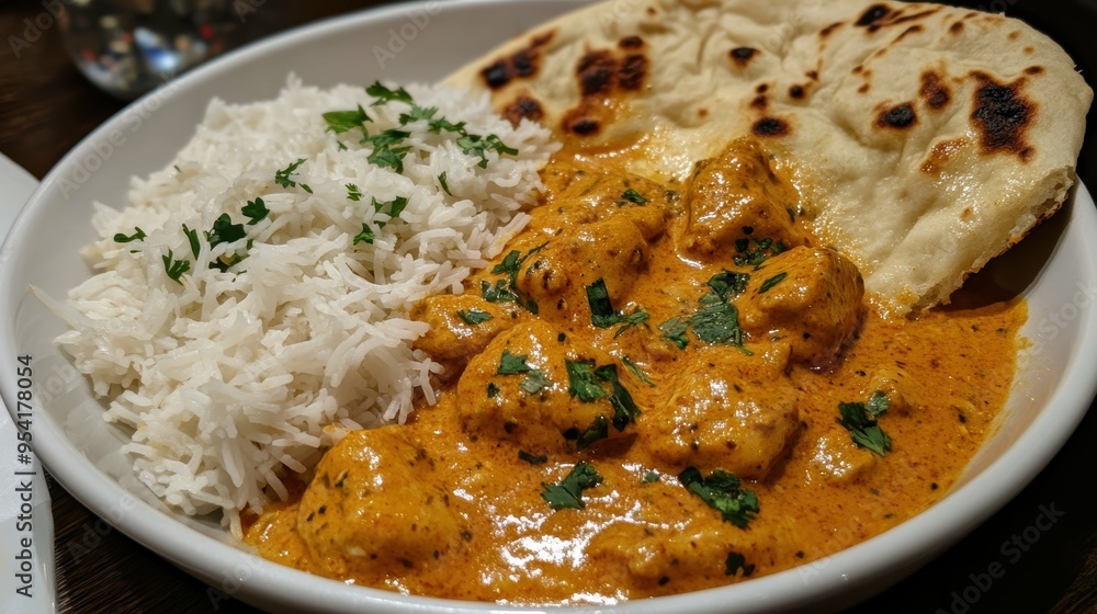 Delicious Indian Butter Chicken Dish with Naan Bread and Fragrant Basmati Rice served on a Plate Delicious Indian Butter Chicken Dish with Naan Bread and Fragrant Basmati Rice served on a Plate