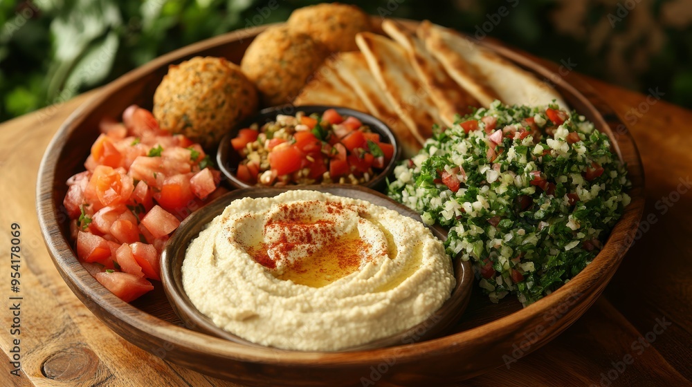 Authentic Middle Eastern Mezze Platter Featuring Hummus, Falafel, Tabbouleh, and Pita Bread Authentic Middle Eastern Mezze Platter Featuring Hummus, Falafel, Tabbouleh, and Pita Bread