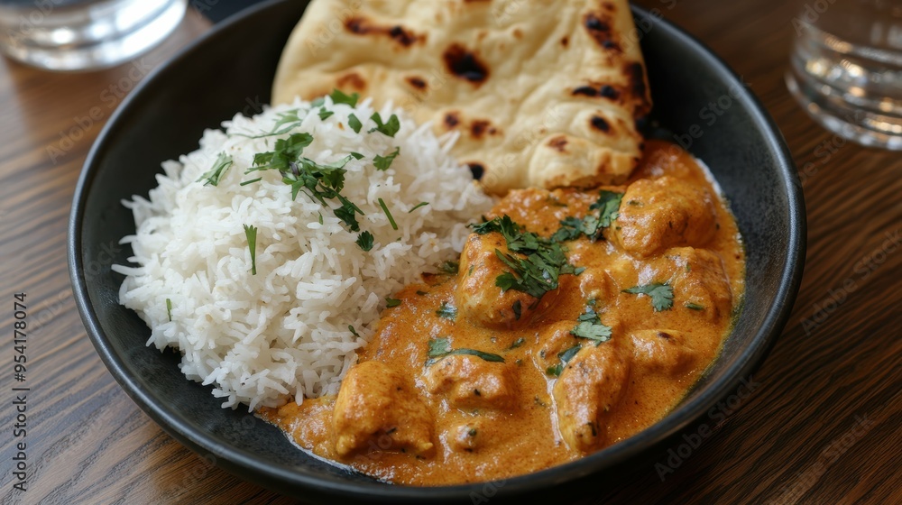Delicious Indian Butter Chicken with Naan Bread and Fragrant Basmati Rice - Traditional Indian Cuisine Delicious Indian Butter Chicken with Naan Bread and Fragrant Basmati Rice - Traditional Indian Cuisine