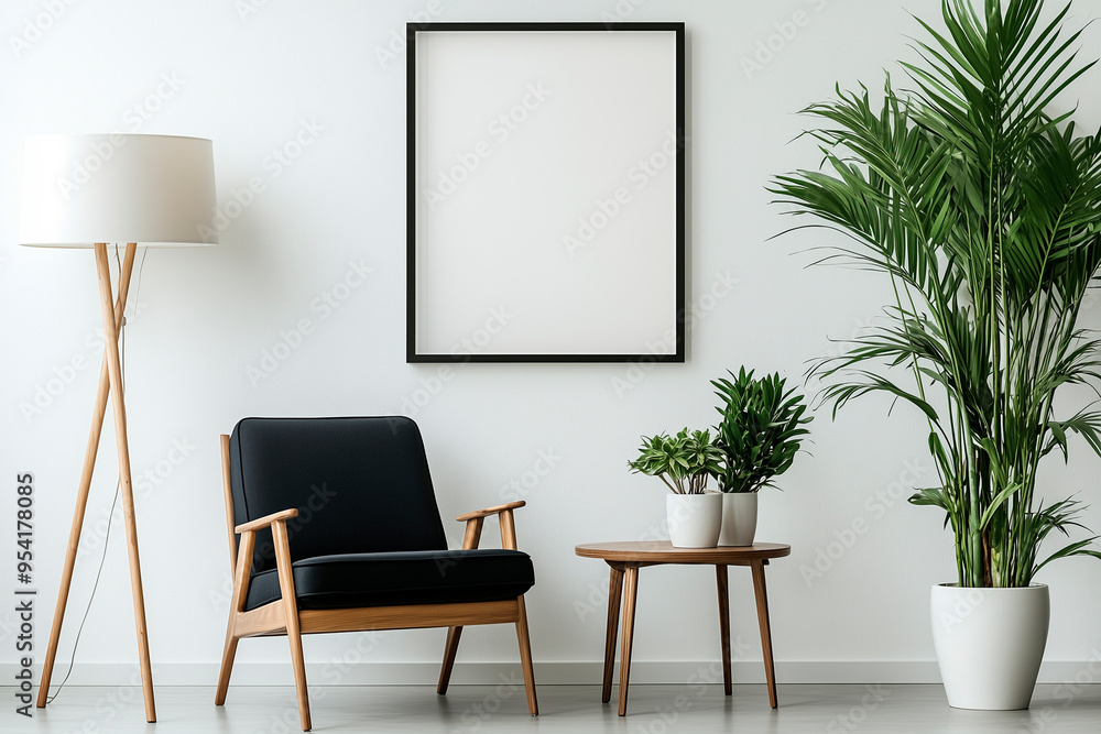Modern living room with black armchair, tall indoor plants and minimalist decor highlighted by natural light and clean lines. Modern living room with black armchair, tall indoor plants and minimalist decor highlighted by natural light and clean lines.
