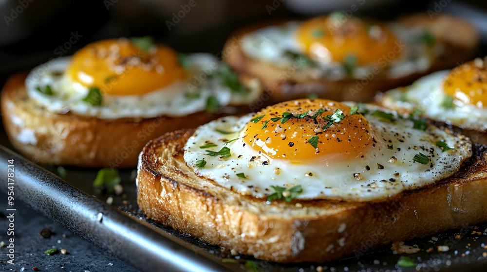 Close up of crispy toast with fried egg, parsley, and pepper. Close up of crispy toast with fried egg, parsley, and pepper.