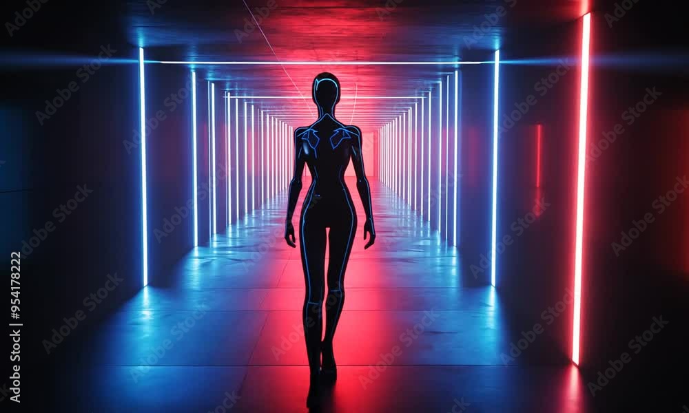 A Silhouetted Figure Walking Through a Neon Tunnel A Silhouetted Figure Walking Through a Neon Tunnel