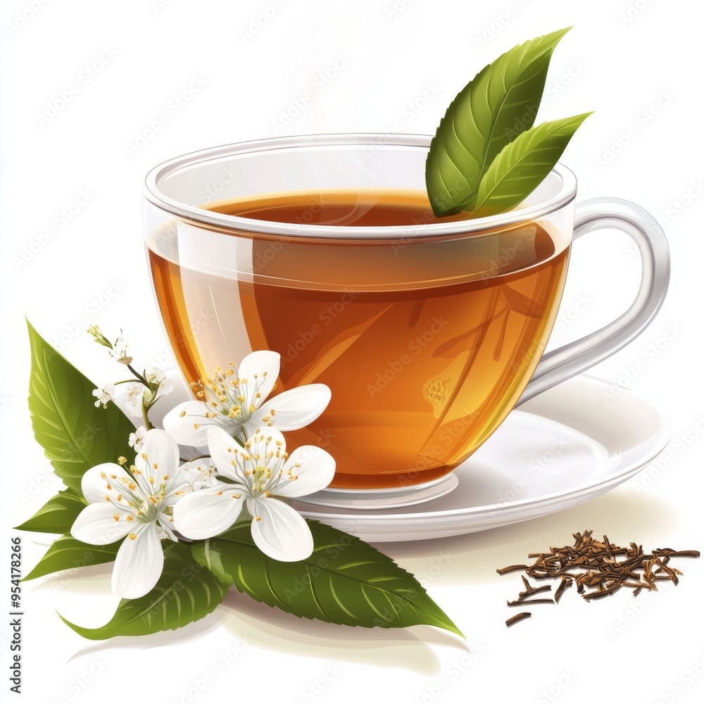 Aromatic Jasmine Tea: A fragrant cup of jasmine tea, with delicate white blossoms and loose tea leaves, invites a moment of tranquility and serenity. The clear glass cup, with a hint of steam, evo Aromatic Jasmine Tea: A fragrant cup of jasmine tea, with delicate white blossoms and loose tea leaves, invites a moment of tranquility and serenity. The clear glass cup, with a hint of steam, evo