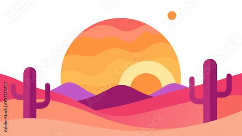 Vector Illustration of Desert Landscape with Vibrant Sunset and Cacti