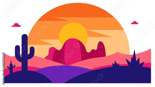 Vector Illustration of Desert Landscape with Vibrant Sunset and Cacti