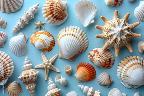 Beautiful Sea Shells on Light Blue Background | Coastal Decor and Nature-Inspired Aesthetic photo