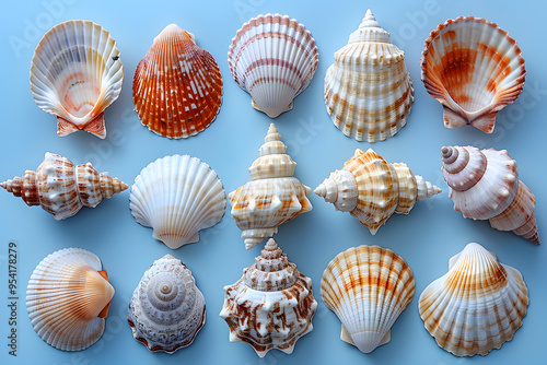 Beautiful Sea Shells on Light Blue Background | Coastal Decor and Nature-Inspired Aesthetic