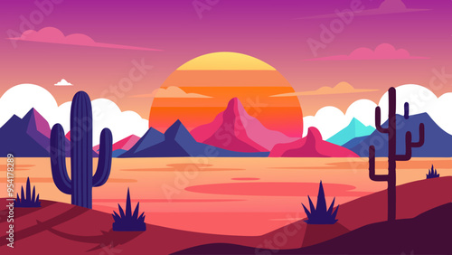 Vector Illustration of Desert Landscape with Vibrant Sunset and Cacti