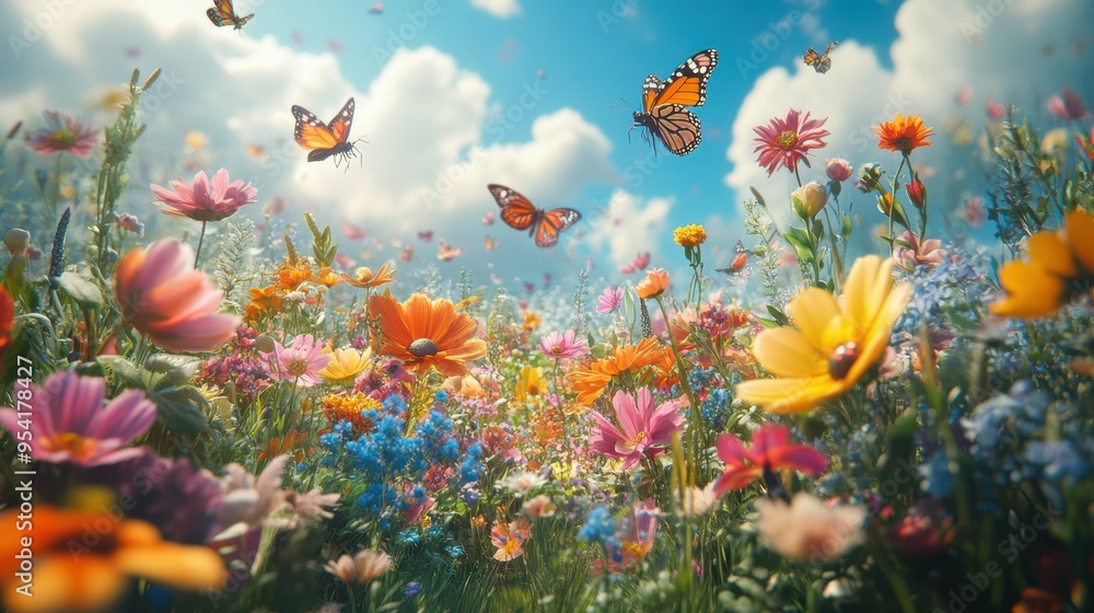 Enchanting Meadow with Giant Butterflies and Bees in Pastel Rainbow Colors Enchanting Meadow with Giant Butterflies and Bees in Pastel Rainbow Colors